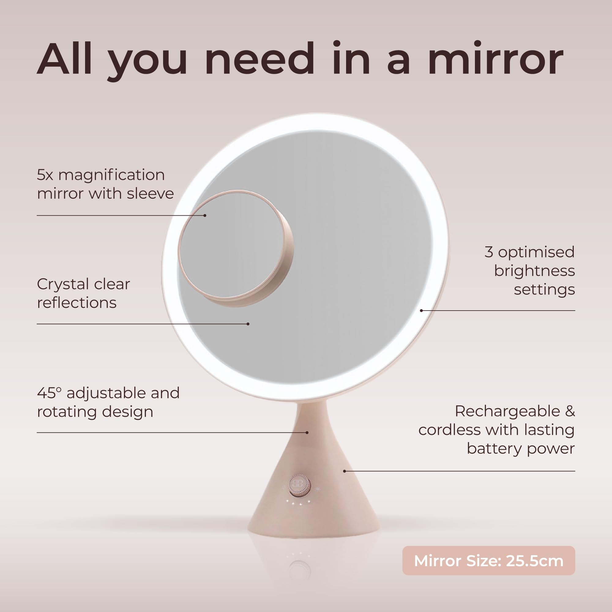 Beautifect Glow Nude Kosmetikspiegel mit Lichtern und Vergrößerungsspiegel, 3 Farbumgebungen und fortschrittlicher CRI 95+ Technologie für tägliches Make-up und Hautpflege