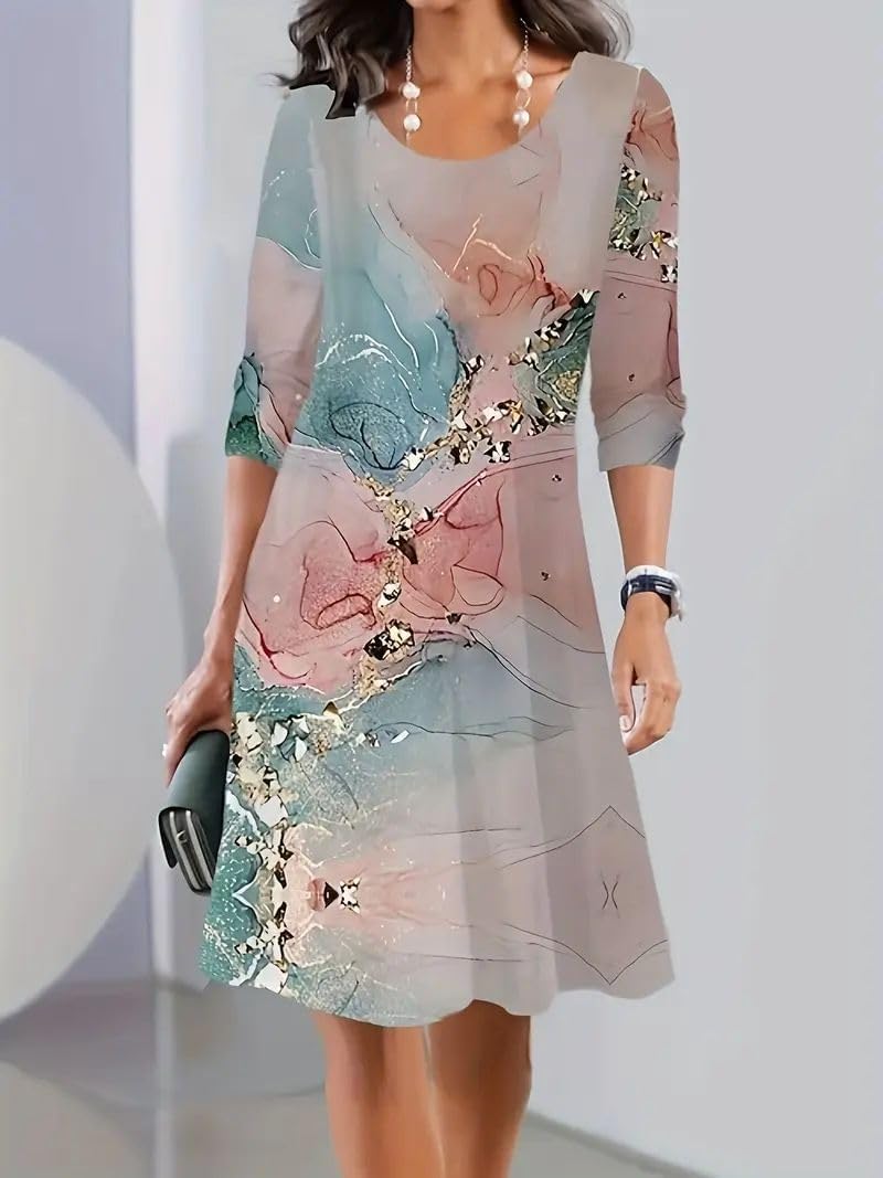 Fall Dresses for Women Crew Neck Long Sleeve Retro Print A Line Dress Vacation Outfit