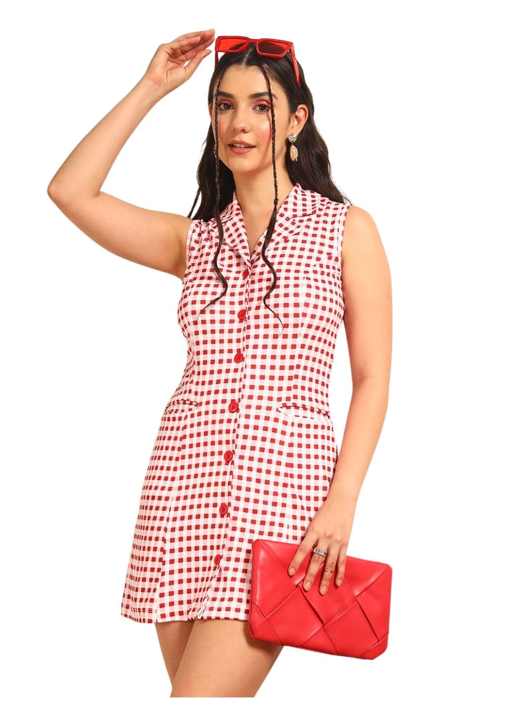 tandul Women's Checkered Multicolor Cotton Blend Dress - Sleeveless CollaredAbove Knee/Mid Thigh Length WithShirt for Women - for Office, Casual, Festive & Party (11517)-picture-10