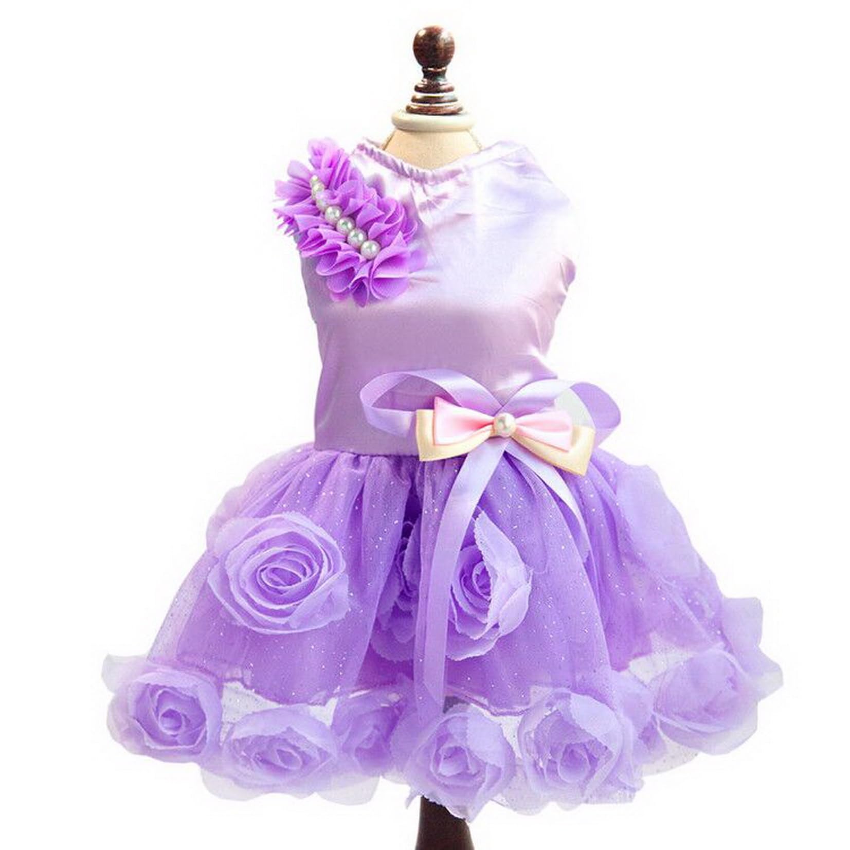 SMALLLEE_LUCKY_STORE Pet Small Dog Wedding Dress with Bowknot Birthday Party Costume Satin Rose Pearls Girl Formal Dress Cat Tutu Purple Violet XS