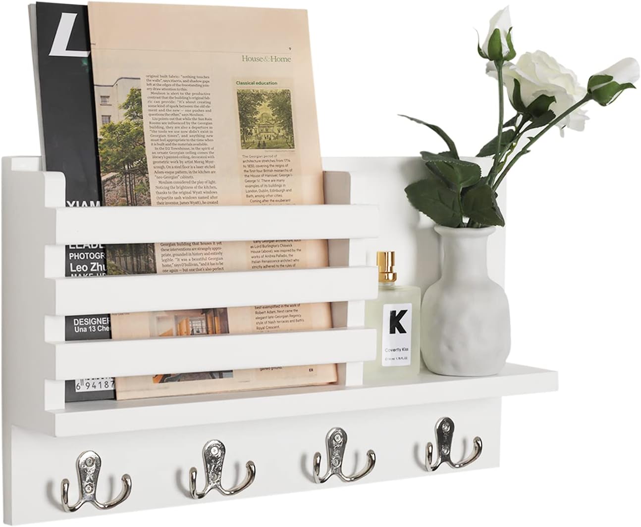 LIBWYS Wall Mounted Mail Holder with 4 Double Key Hooks Wooden Mail Sorter Letter Bills Magazine Organizer Rustic Home Decor (White)