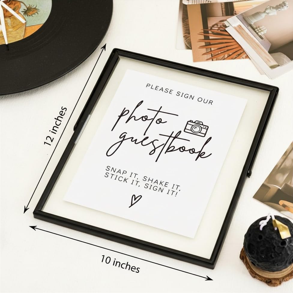 Image of Calculs Photo Guest Book Sign, 10x12 Black Floating Picture Frame | Double glass metal frame, fits 8x10 insert, photo guest book station, reusable tabletop frame for signs and photos