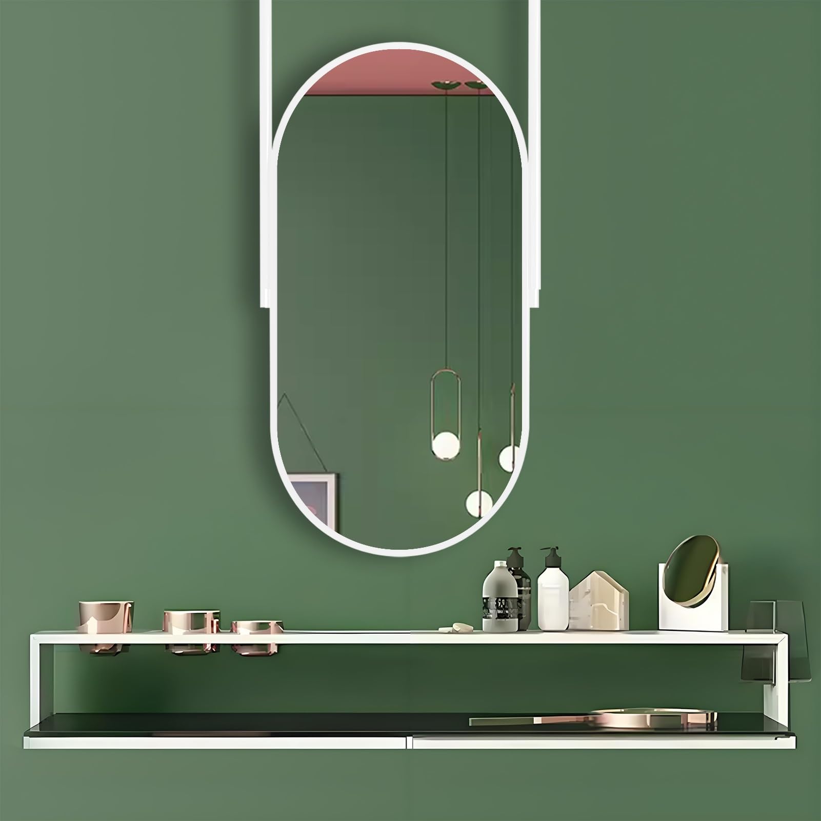 FGXHHS White Metal Frame Ceiling Hanging Mirror, Home and Hotel Bathroom Decorative Mirror with Double Floating Booms, Vertical Mount for Wall(50cmx70cm)