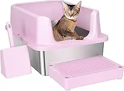 RIZZARI Caixa De Areia Para Gatos De Aço Inoxidável, Caixa De Areia Semifechada Com Bordas Elevadas, Anti-Vazamento E Inodora, Caixa De Areia Grande Para Gatos De Pequeno A Grande Porte (Rosa)
