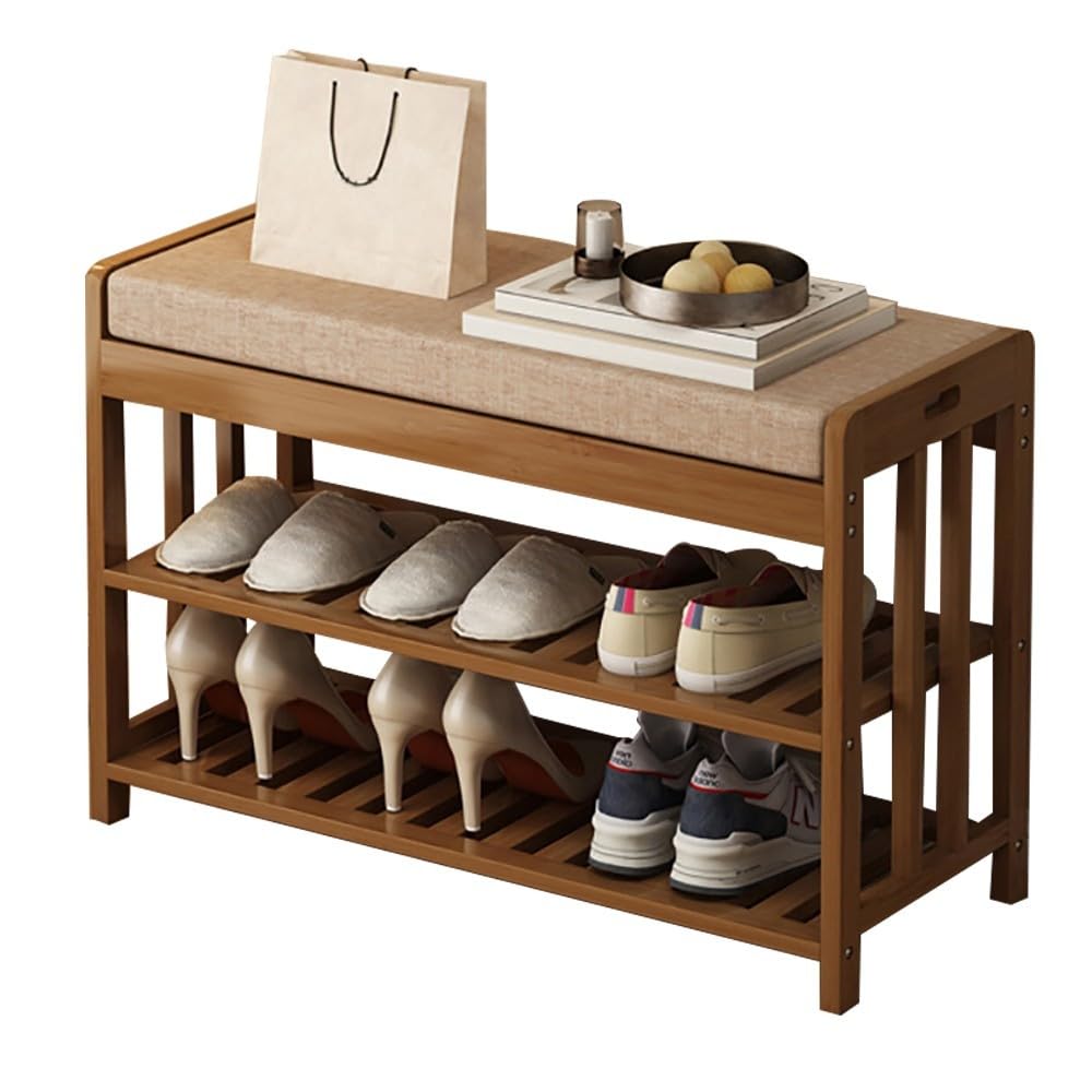 GHFXSCV Modern Bamboo Shoe Bench with Upholstered Seat and Storage Cabinet, Rustic Brown Shoe nizer for Entryway, Hallway, Bathroom, and Living Room - Stylish and Functional.