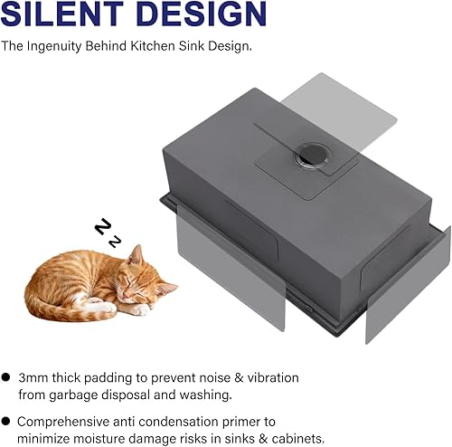 Miniatura 7 de VAPSINT Fregadero de cocina negro de 28 pulgadas, 28 x 18 pulgadas, calibre 16, acero inoxidable, cuenco individual negro plomizo, fregadero de