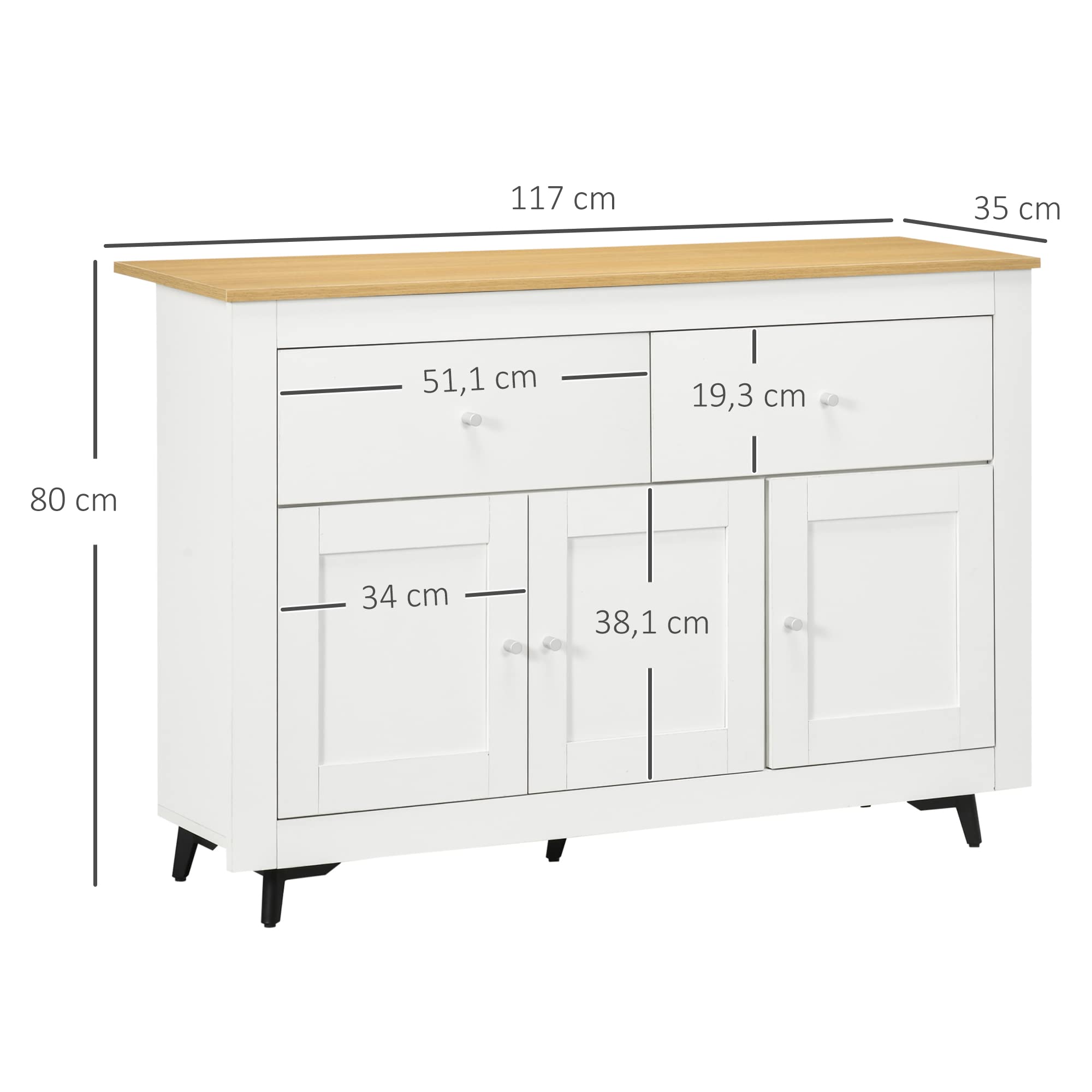 HOMCOM Aparador de Cocina con 2 Cajones y 3 Puertas 117x35x80 cm Blanco | Mueble Auxiliar de Cocina, Mueble de TV, Estante Ajustable, para Comedor Salón