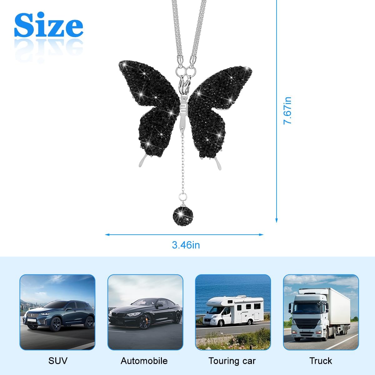 Bling Butterfly Car Rear View Mirror Charms, Crystal Rhinestone Vehicle Rearview Mirror Pendant, Diamond Automotive Interior Decoration for Women Girls, Universal for Sedan RV Truck (Black) image 2
