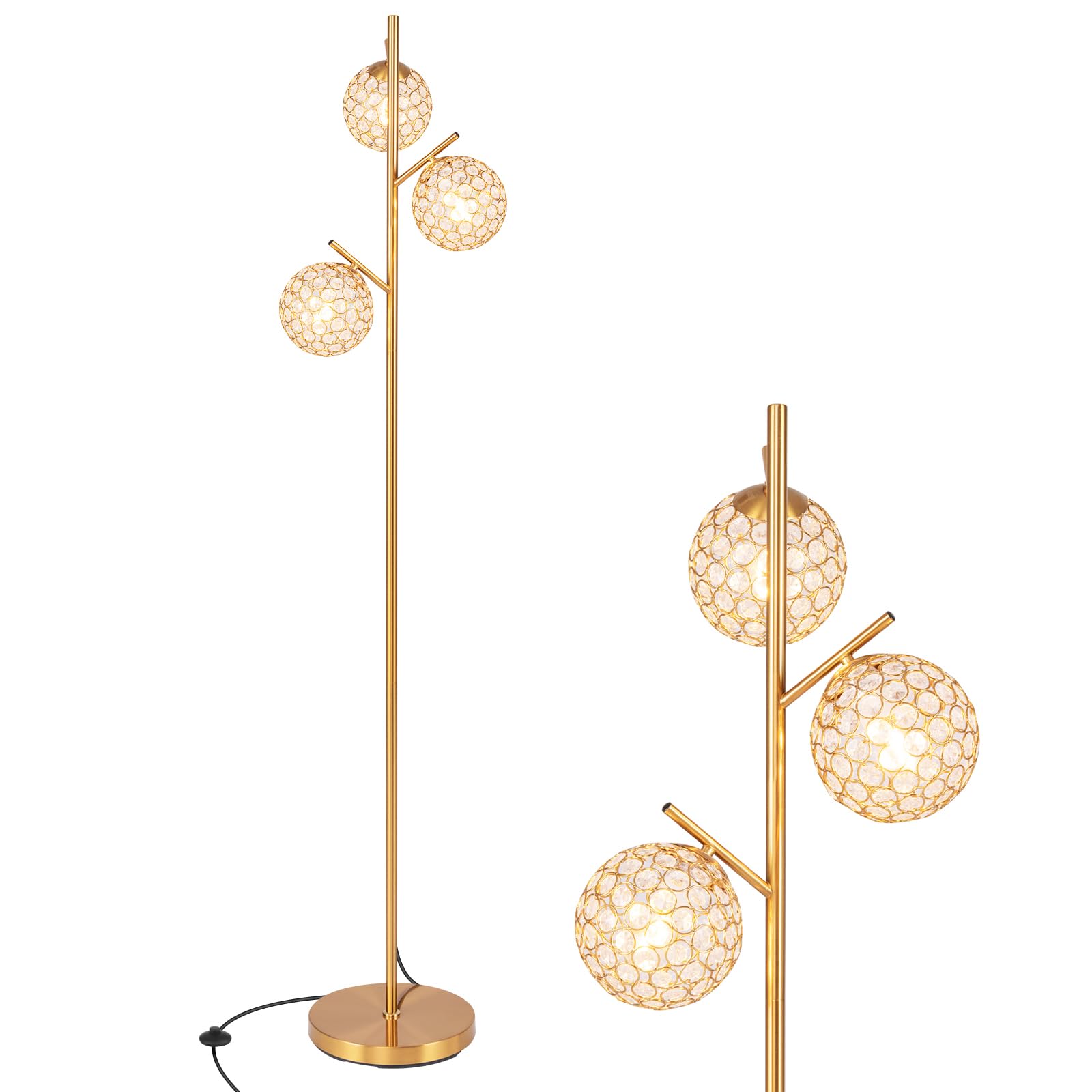GOPLUS Lámpara de Pie con 3 Globos Dorados, 169 CM Lámpara de Pie con Pantallas de Acrílico de Cristal, Base Ponderada y Interruptor de Pedal, E27, Lámpara de Lectura para Salón Dormitorio Estudio