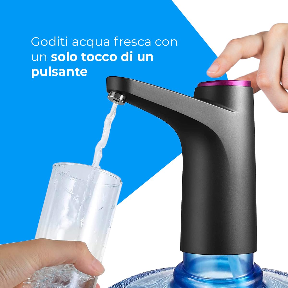 Distributore d'acqua NK - Indicatore LED, batteria ricaricabile USB da 1200 mAh, materiale in silicone, compatibile con da 4,5L 5L 7,5L 10L 11,3L 15L 18,9L - adattatore da 3,8 e 4,8cm - (nero)