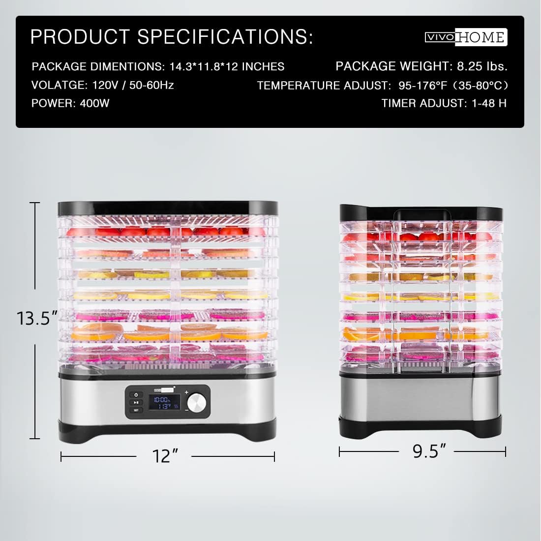 Diagram showing the dimensions of the VIVOHOME Food Dehydrator.