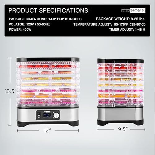 Miniatura 7 de VIVOHOME Máquina deshidratadora eléctrica de alimentos de 400 W con temporizador digital y control de temperatura para frutas, verduras y carne sin