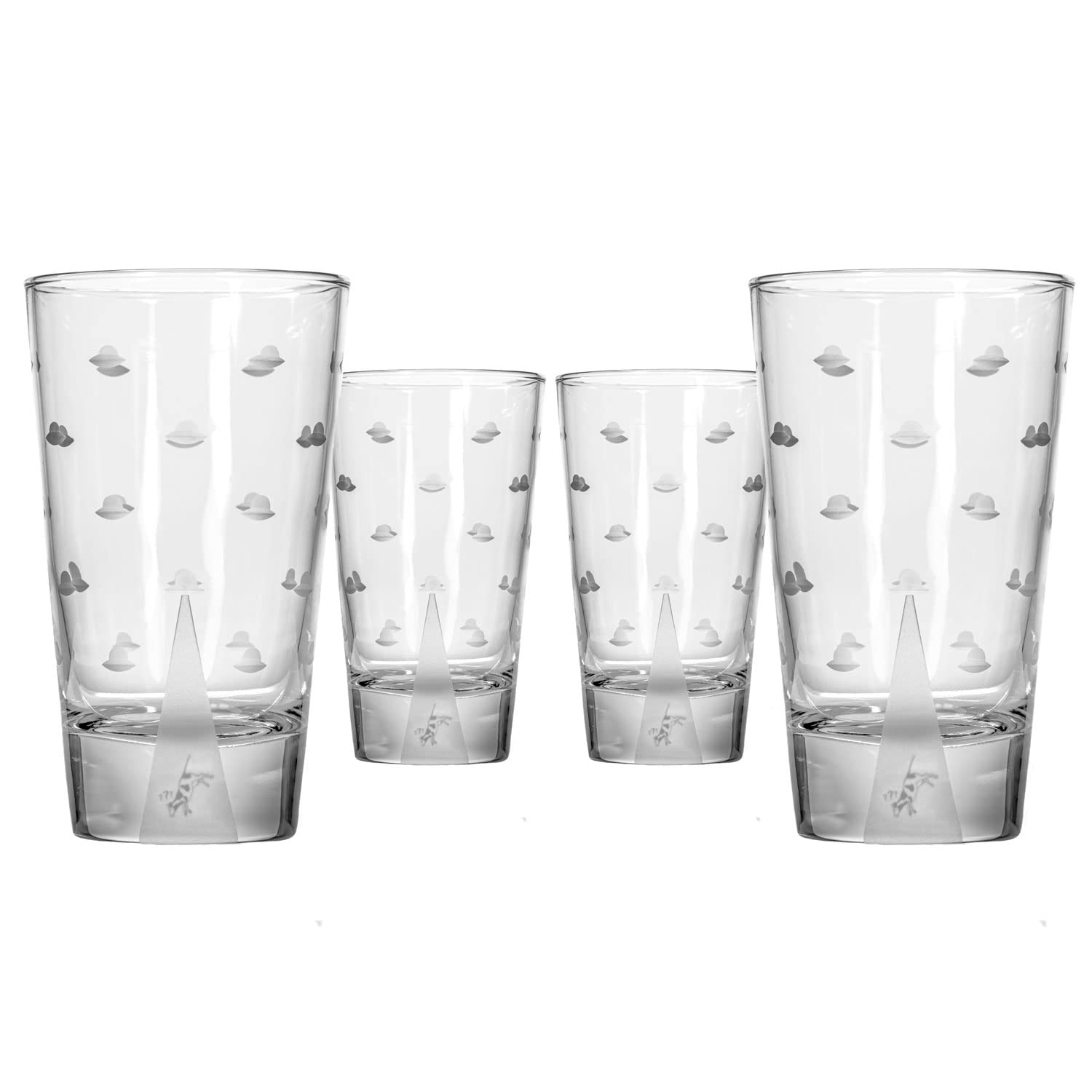 Rolf Glass Mothership UFO Cow Highball Glass 15 ounce – Engraved Cooler Glasses – Lead-Free Glass - Etched Drinking Glass with Heavy Base – Proudly Made in the USA (Set of 4)