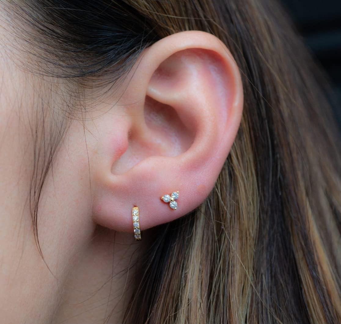 Solid 14k Gold Mini Lotus Cubic Zirconia Studs, Trefoil Trinity Triple Cluster Minimalist Earrings - Image 3