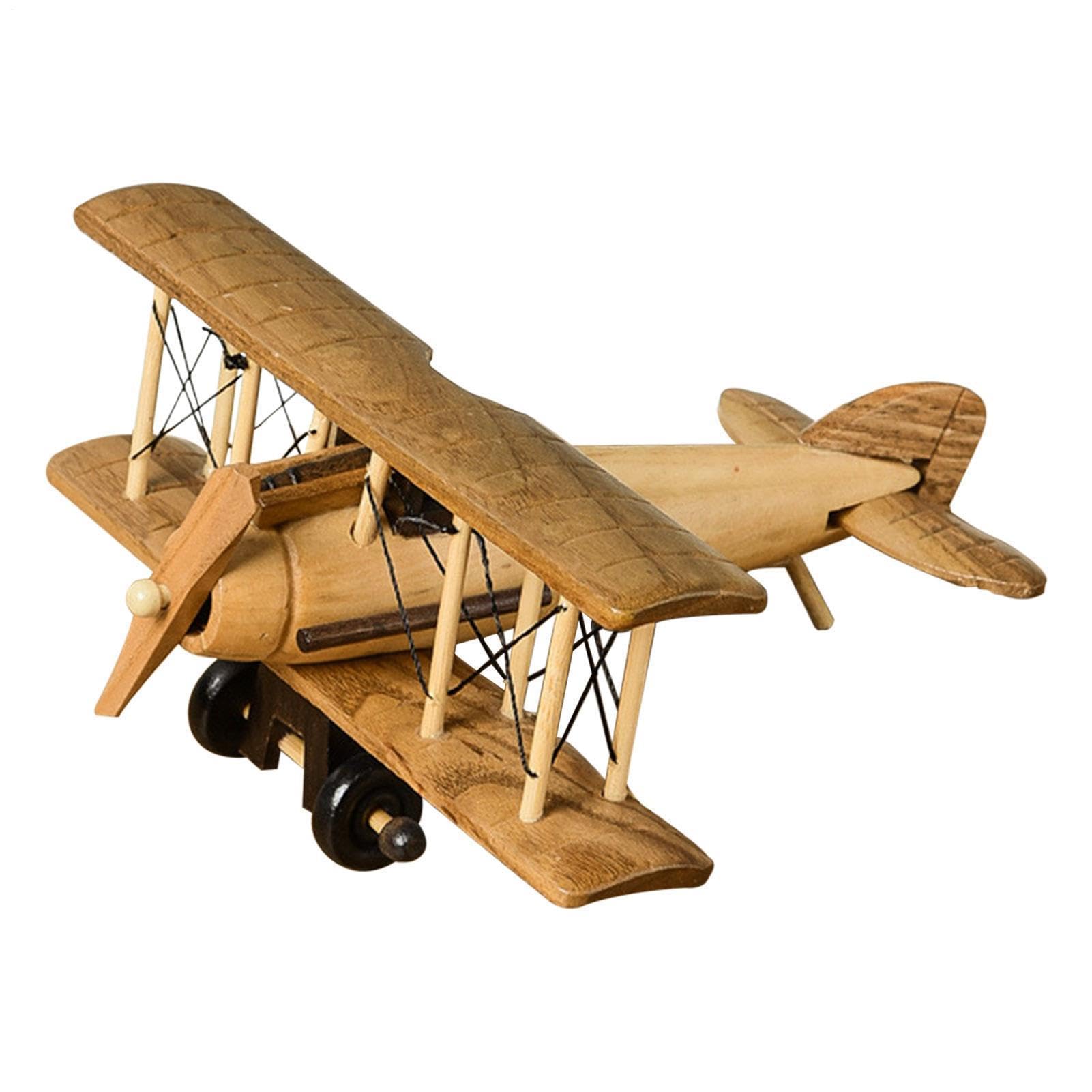 Modèle d'avion vintage double plane, en bois, décoratif, 30 x 27 x 10 cm, portable, pour chambre d'enfant, salon, cadeau pour les fans d'avions, jouet en bois antique