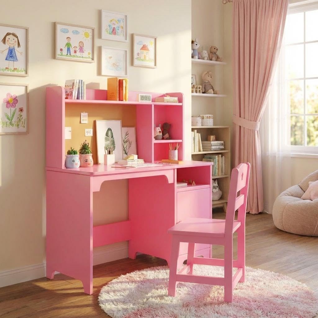 Kids Desk and Chair Set with Hutch & Storage, Children's Desk and Chair Set,Wooden Study Desk & Workstation,Children's Writing Table & Computer Desk for Bedroom, Study Room