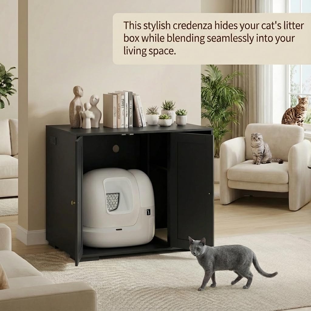 Large Litter Box Enclosure Cabinet for Litter Robots, Cat Litter Furniture with Dog-Proof Shelf and Built-in Power Outlet, 5 Ft Power Cord, Fits Most Self-Cleaning Litter Boxes, Black