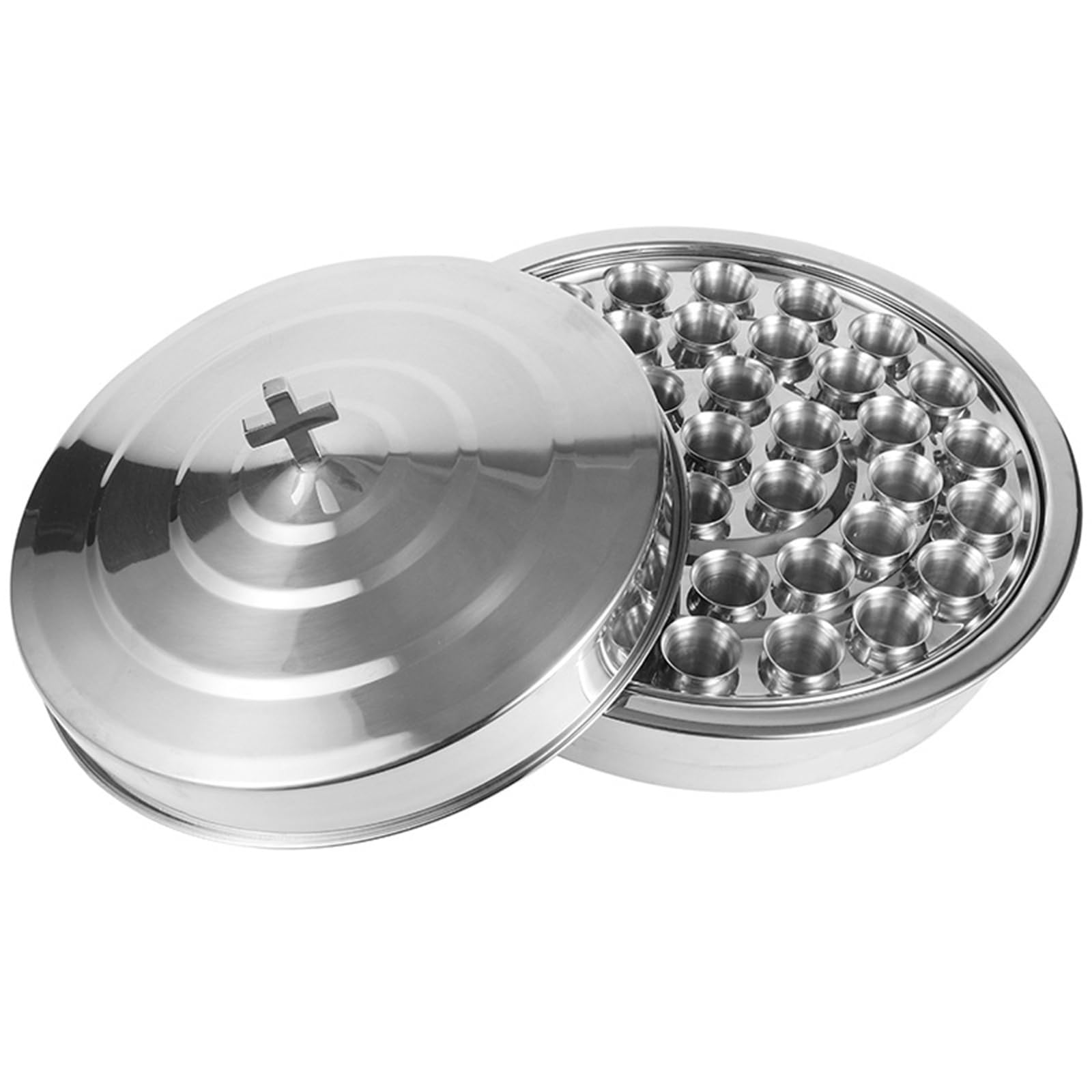 Pratico vassoio per comunione in acciaio inossidabile 304 con coperchio per servizi religiosi 39 slot forniture stoviglie vassoio comunione in acciaio inox con coperchi