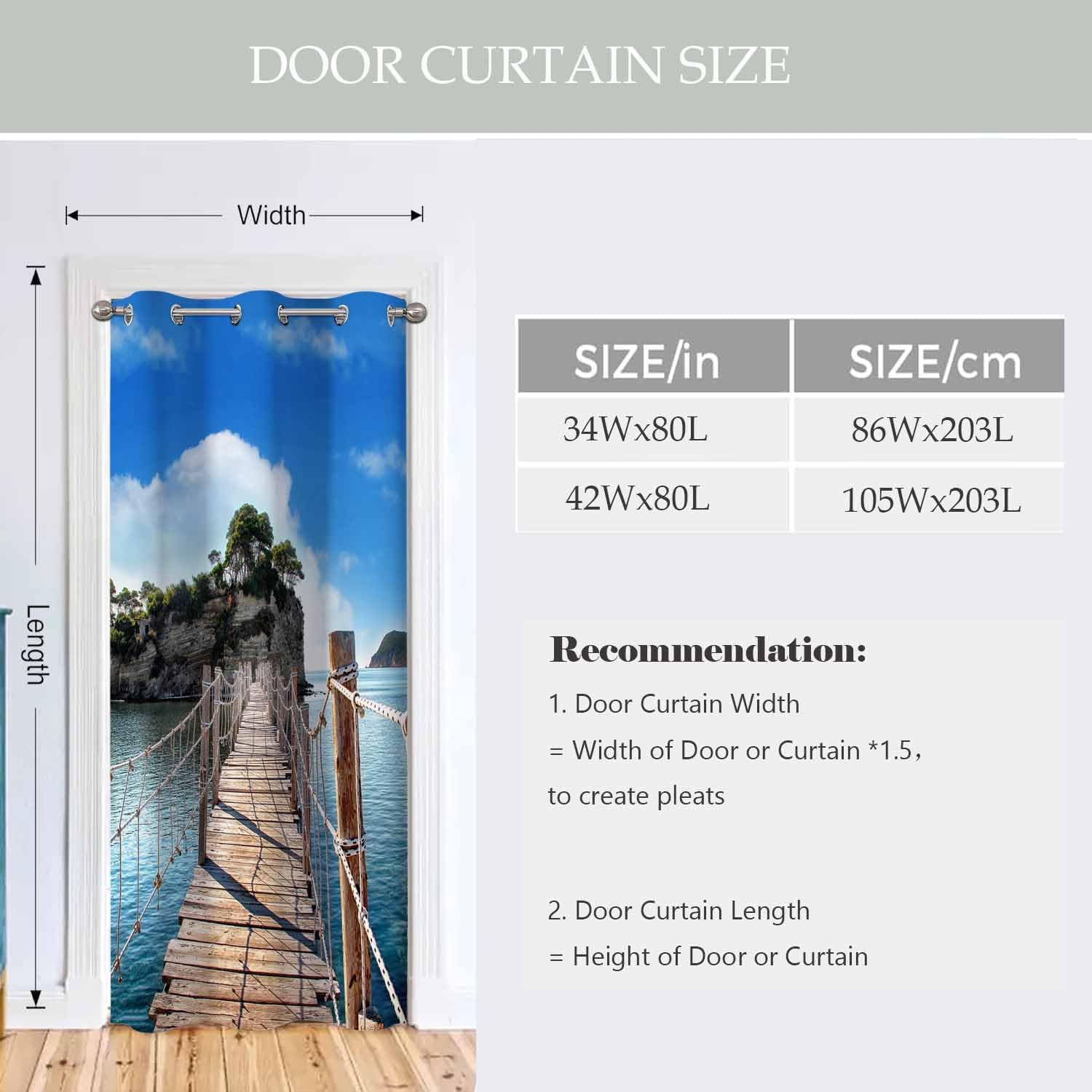 Wooden Bridge Sliding Door Curtain Sea Island Palm Trees Rope Bridge Doorway Privacy Blackout Curtain Door Dividers Closet 34" W X 80" L,1 Panel