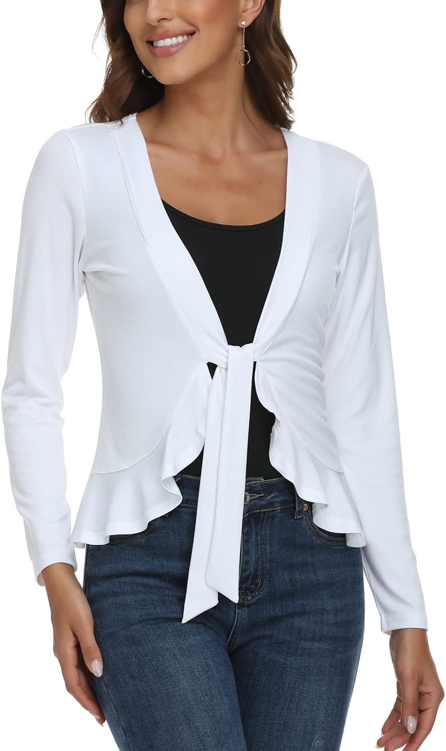 andy & natalie Women's Ruffled Tie Front Cardigan Long Sleeve Open Front Bolero Shrugs - Image 2