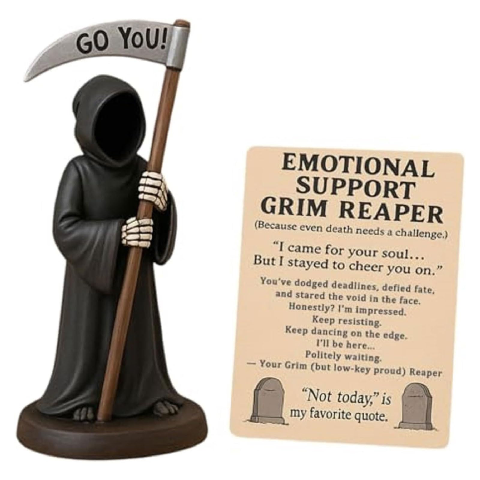 Tazizi A-1 Emotional Supports Grim-Reaper Figurine, Resin Gothic Scary Grim-Reaper Statue With Emotional Supports Card, Black Robe Mysterious Death Sculptures, For Halloween Desktop Bookshelf