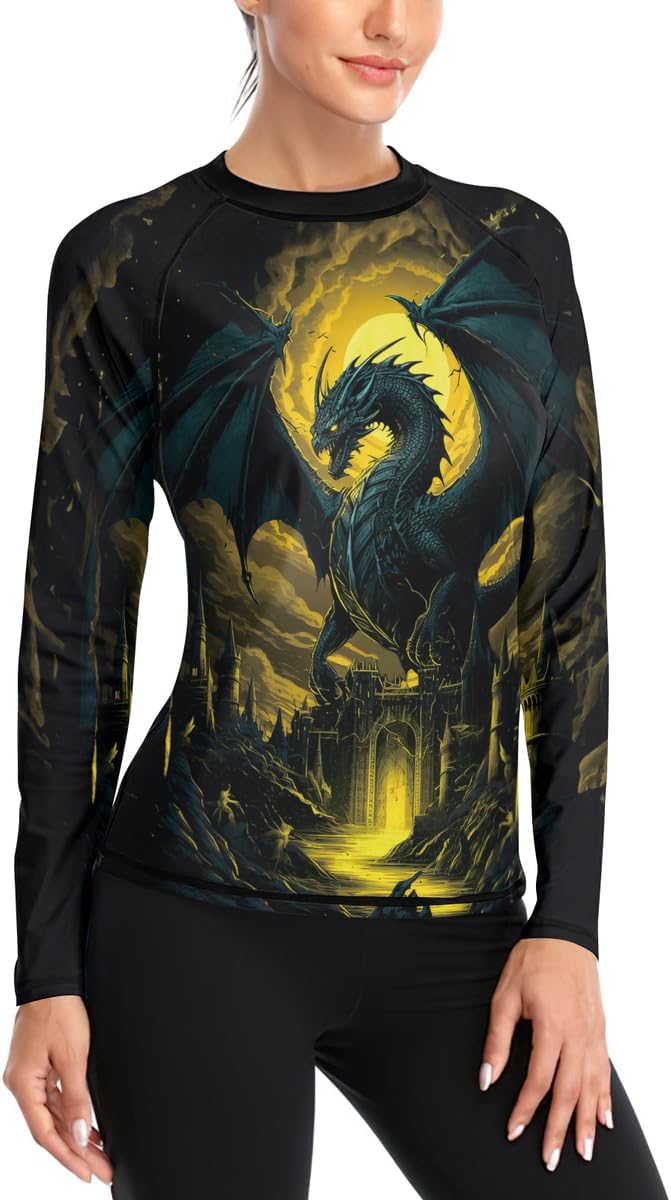 FORMONIES Women's Dragon Compression Shirt Long Sleeve Rash Guard for MMA BJJ Grappling Training Fight Gear