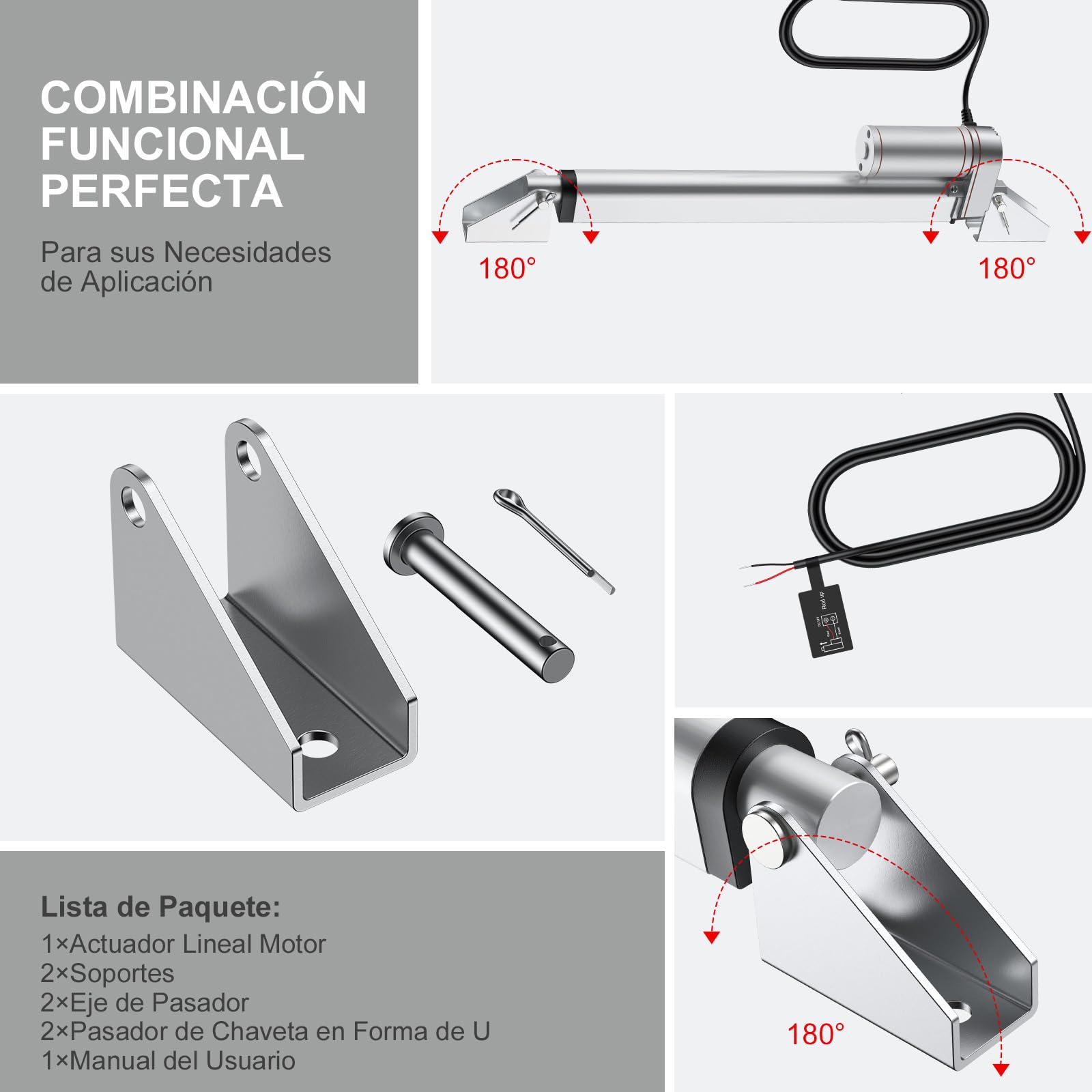 Justech Motor Actuador Lineal 250mm 12V DC 1500N 10mm/s IP65 Impermeable Aluminio Plateado