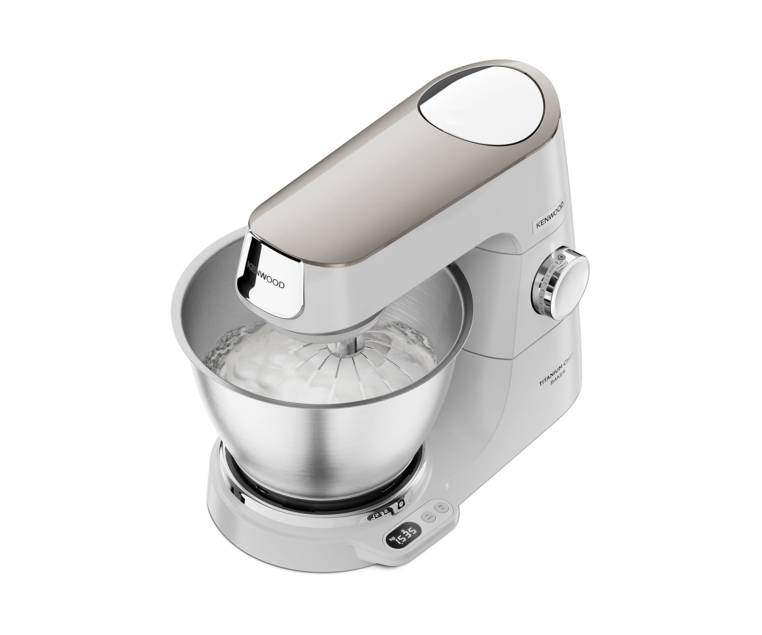 Kenwood Titanium Chef Baker KVC65.001WH - Küchenmaschine mit integrierter Waage, 1200 Watt, inkl. 3-teiligem Patisserie-Set, Spatel & Spritzschutz, Weiß & Edelstahl-Schüssel KAB50.000BS, Zubehör