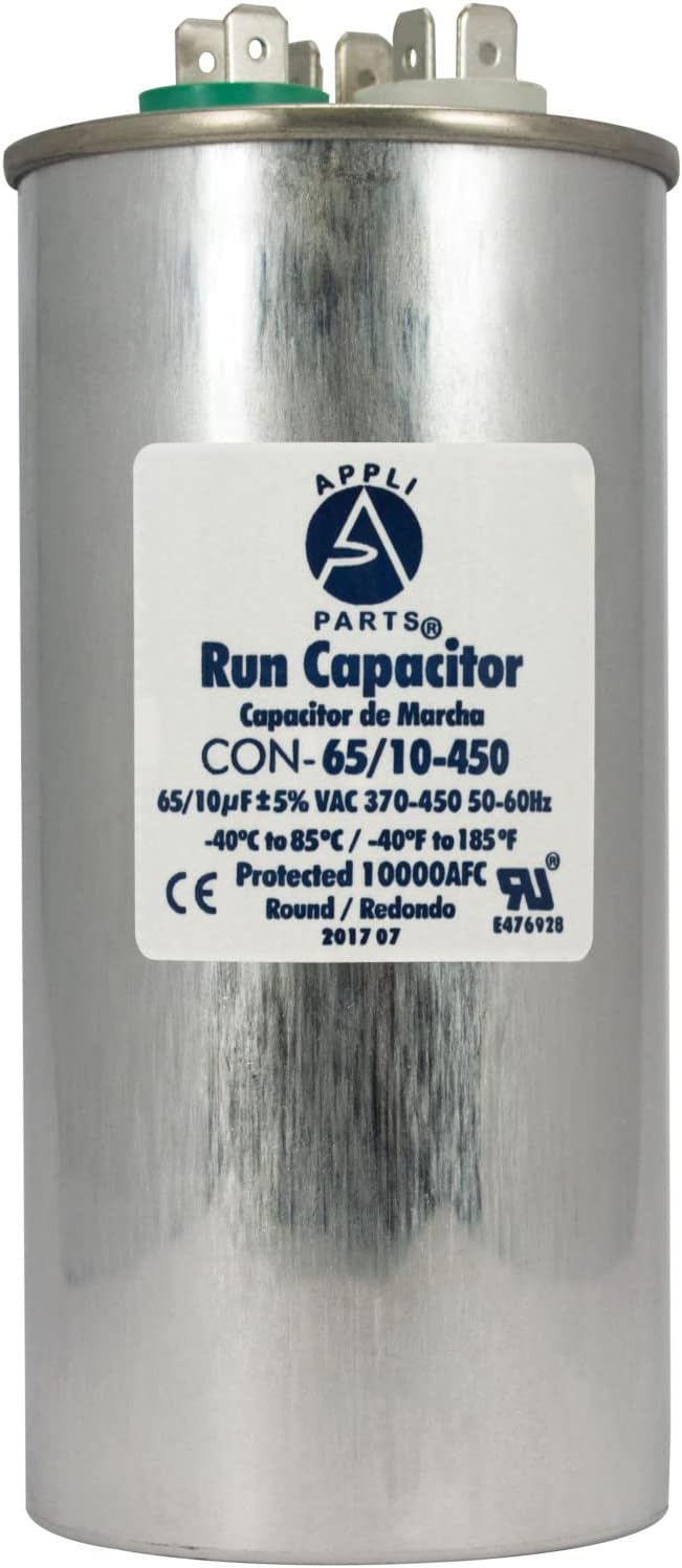 - Appli Parts Condensador Capacitor de Marcha 65+10 Mfd uF (microfaradios) 370VAC o 450VAC CBB65 Universal Aire acondicionado y aplicaciones Redondo UL E476928 13.3cm Alto 5.7cm Ancho CON-65/10-450
