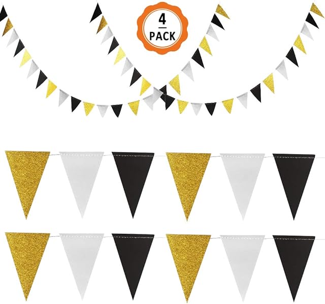 Dadabig 4 Pack 12M/40Feet Valentine's Day Double Sided Glitter Paper Triangle Flag, Black and Gold Bunting Decoration Party Supply Birthday Pennant for Xmas Wedding Birthday Party Anniversary
