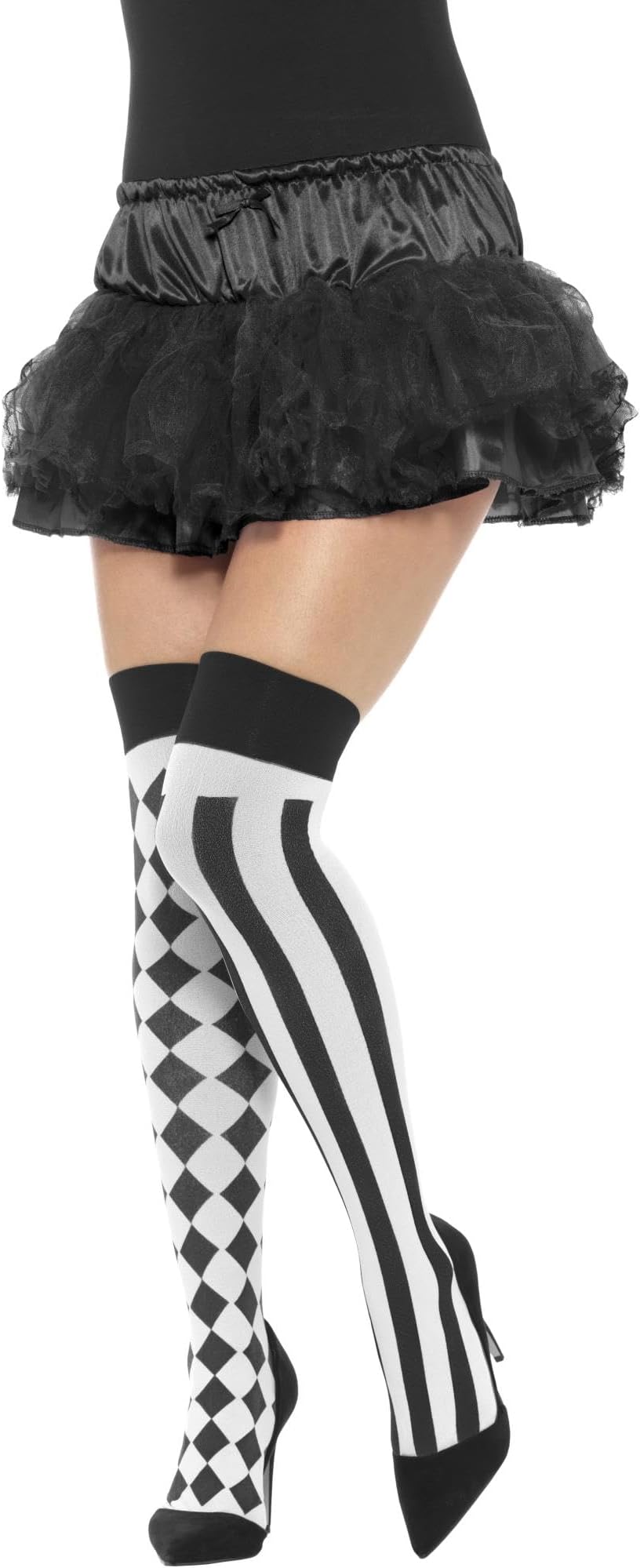 Smiffys Harlequin Hold Ups for Women, White and Black Over the Knee Stockings, Circus Fancy Dress Costume Accessory, Jester or Clown Themed Tights
