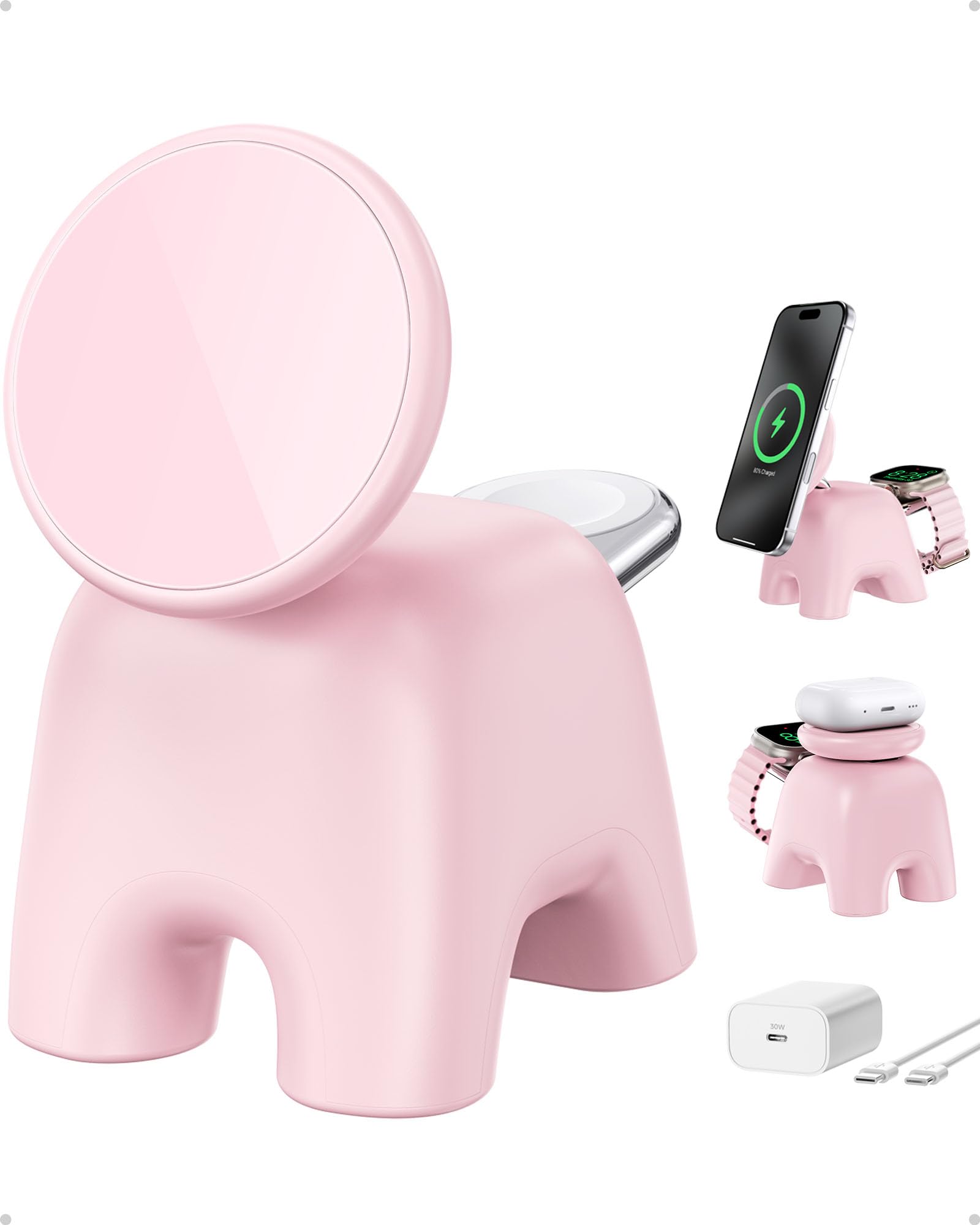 AOK-AOK Faltbare kabellose Ladestation, 15 W Schnellladestation für iPhone 17, 16, 15, 14, 13, 12 Pro Max, Apple Watch und Airpods, 2-in-1-Ladegerät für Zuhause/Büro
