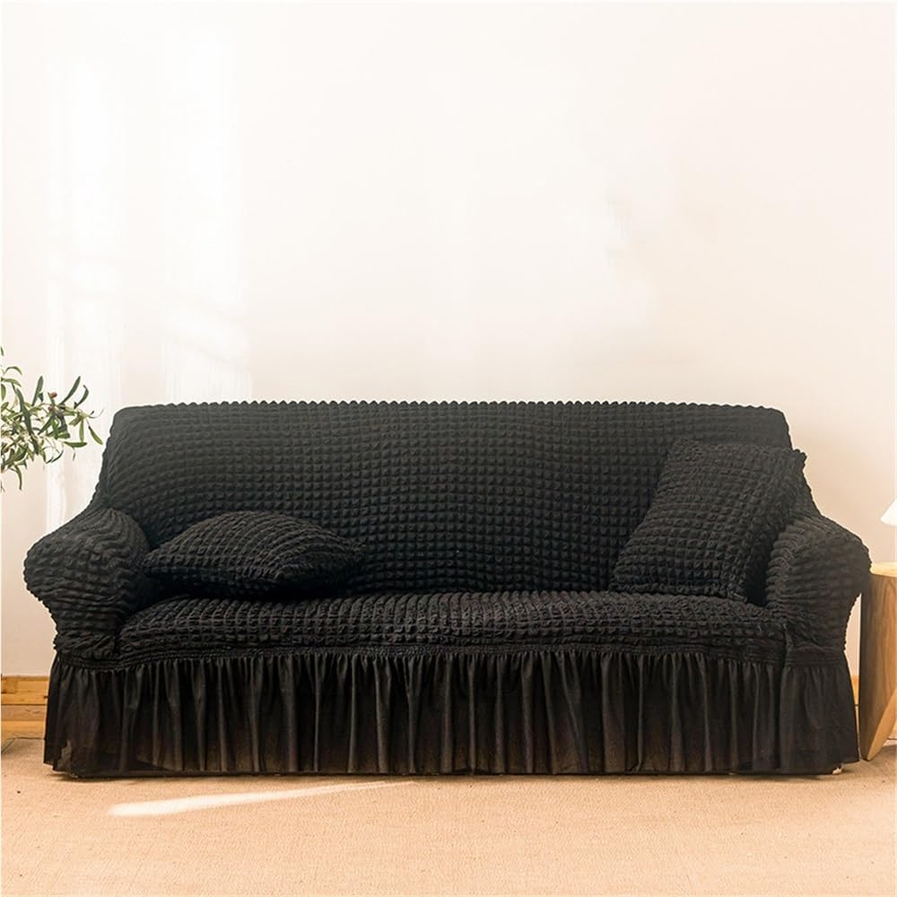 Elasticized Seersucker Sofa Cover with Ruffle Skirt - Fits 1/2/3/4/5 Cushion Armchair 2-Seater Sofa Convertible Couch (90-140cm 14.1 Seater)