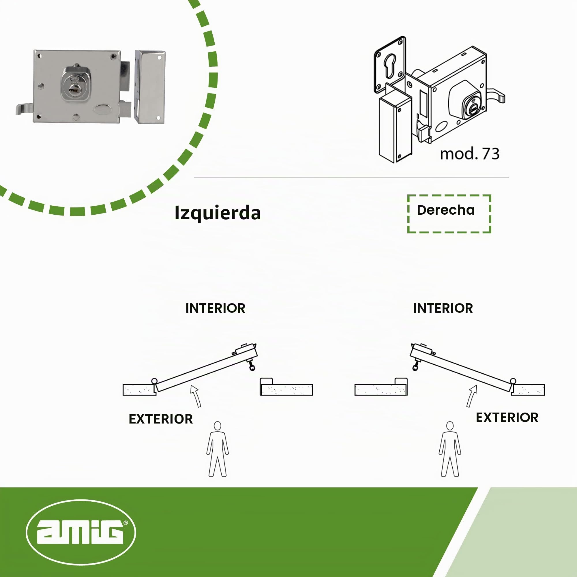 Amig - Cerradura de Sobreponer de Derecha con Palanca de Cierre, Lengüeta y Tirador para Puertas de Madera Mod. 73, 100 x 85 mm, Pestillo Con Cilindro Europerfil, Acero Plateado