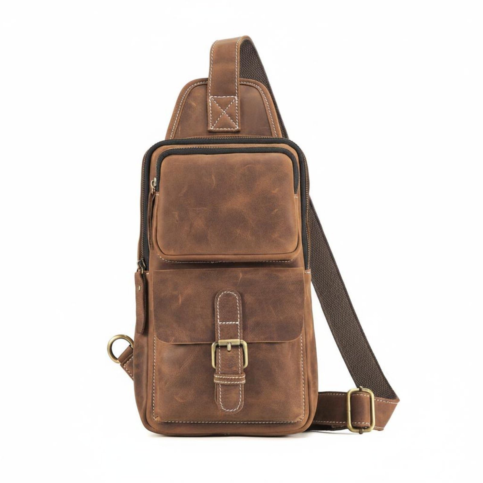Qianly Borsello a Tracolla Vintage Cuciture Rinforzate Borsa Petto in Pelle Tasche Multiple Borsello Monospalla per Uomini