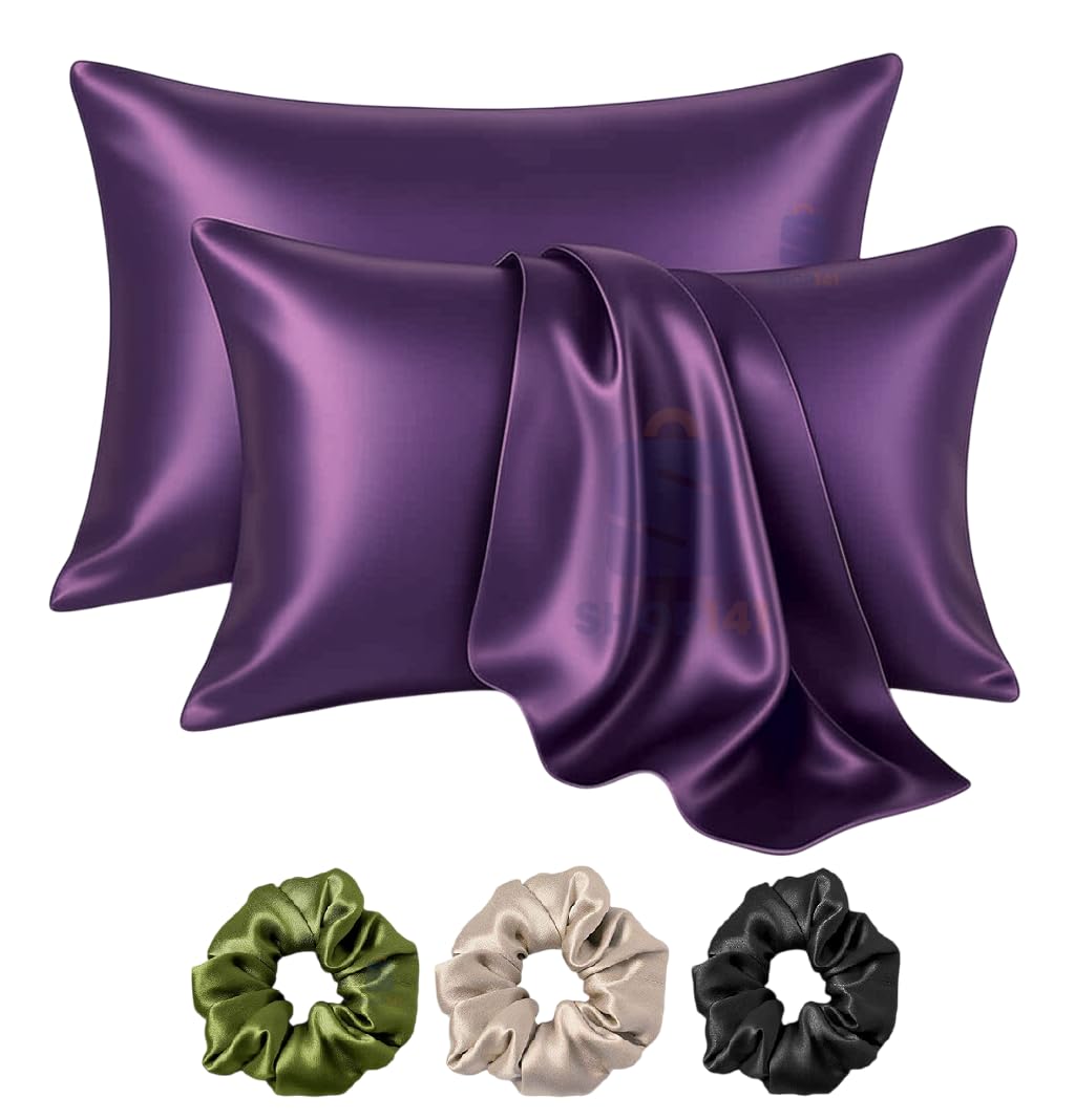 Satin Silk Pillow Cover for Hair and Skin 2 Piece with 5 Piece Satin Silk Scrunchies Free Solid Pillow Covers with Envelope Closure (Purple)