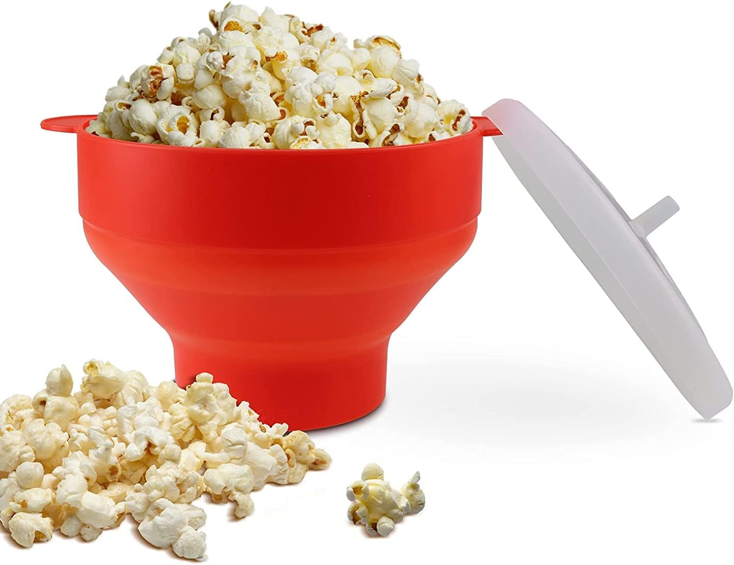 Silicone Microwave Popcorn Popper with Lid, BPA Free Microwave Popcorn Popper, Collapsible Microwave Popcorn Maker Bowl with Handles, Dishwasher Safe (Red)