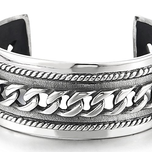 COOLSTEELANDBEYOND Masculine Wide Steel Cuff Bangle Bracelet for Men Women with Curb Chain Ornament2