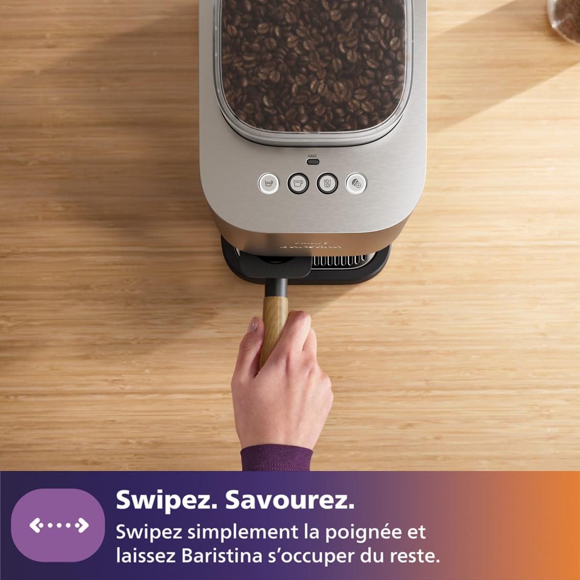 Philips Baristina Machine à espresso, cafetière à grain Métal + Porte-filtre Bois de Frêne, 16 bars, Nettoyage facile, Compacte, Espresso, Lungo, Café glacé (BAR500/00)