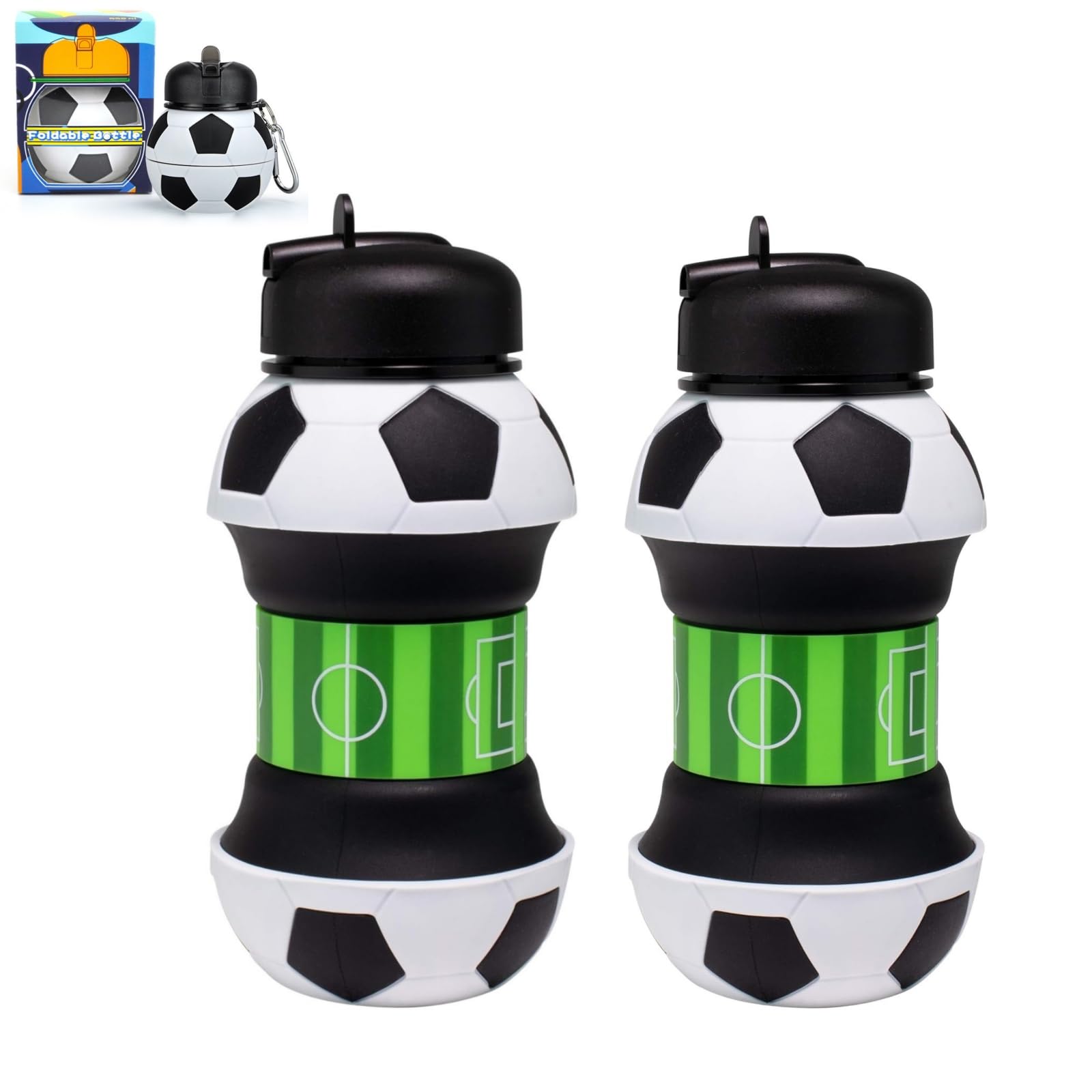 Football Water Bottle, 550ml Silicone Collapsible Water Bottle, with Football, Keychain & Carry Strap, Portable Footballs Themed Cup for Outdoor Sports Fan Gift (2Pcs)