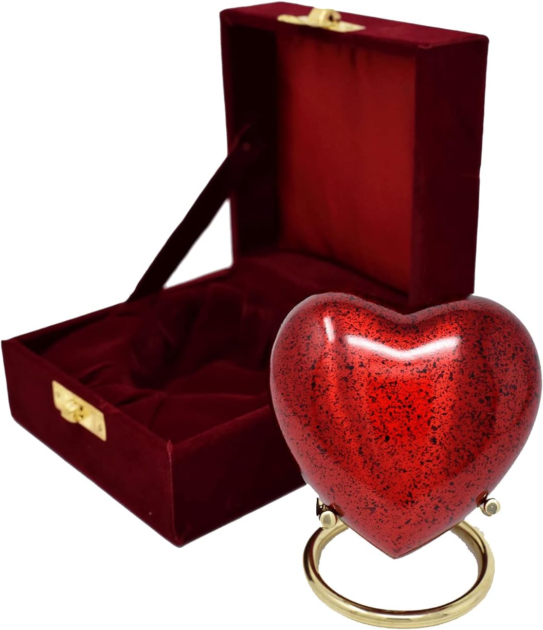 Small Heart Keepsake Cremation Urn for Human Ashes - Mini Urns for Mom & Dad with Velvet Case Memorial, Funeral Urn for Adult with Brass Stand Urns for your Loved One (Red Heart)