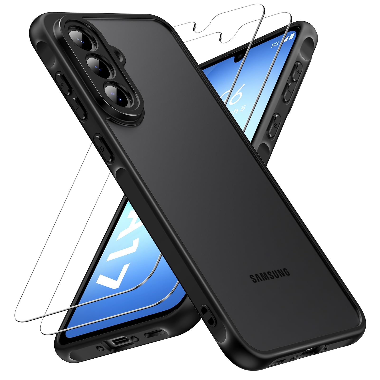 caslord Hülle Kompatibel mit Samsung Galaxy A17 5G mit 2 Stück Panzer Schutz Glas, [Kameraschutz] [Stoßfest] Handyhülle, Matt Durchscheinende Rückseite Anti-Fingerabdruck Schutzhülle Case, Schwarz