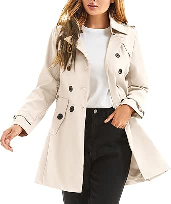 poonyfesh Women's Trench Coat Double-Breasted Classic Lapel Overcoat Belted Slim Outerwear Coat