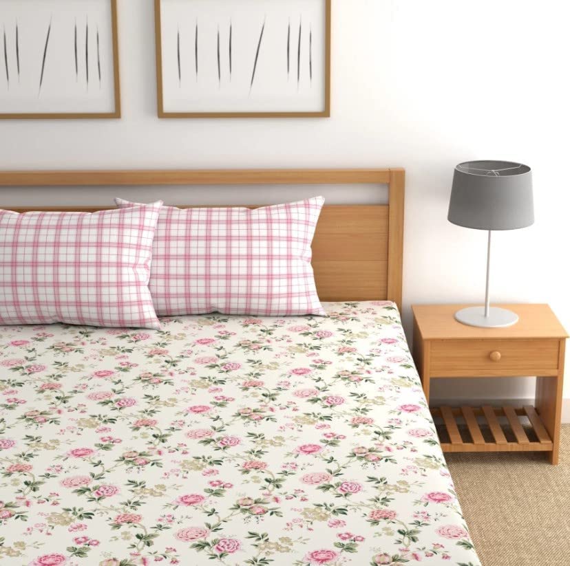 Image of King Size Double Bed Cotton-Blend Fabric Bedsheet with 2 Pillow Covers Bedsheet for King size-108x108 inches-2 XL Size Pillow Covers (White Pink)
