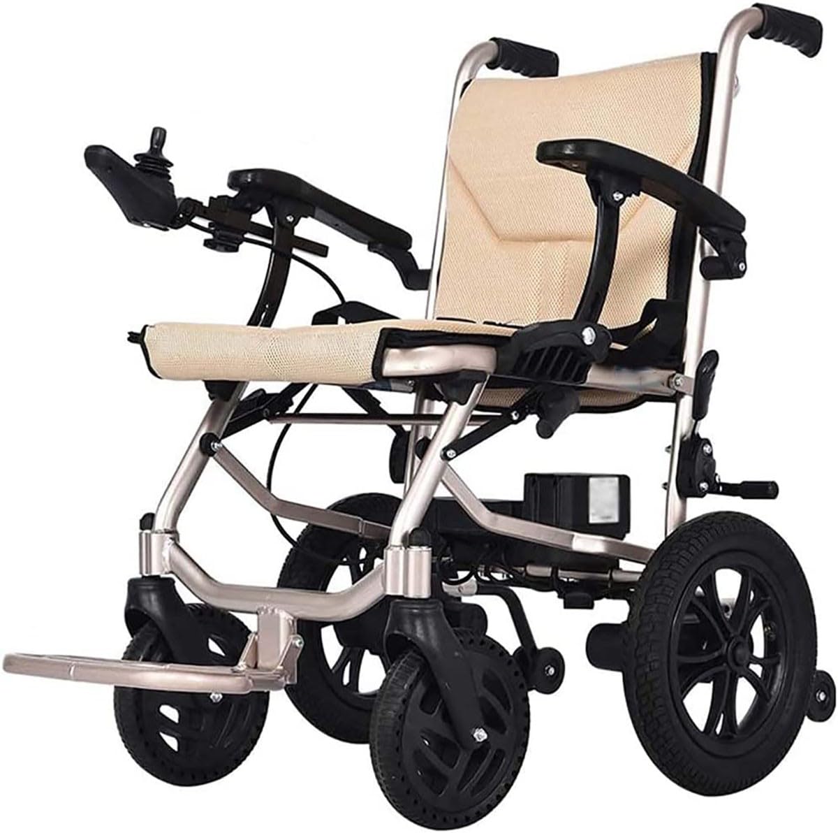 Sedia a rotelle elettrica superleggera, Pieghevole, da Viaggio, con braccioli fissi Lunghi Quanto Una scrivania, Sedia da Trasporto, poggiapiedi Staccabili per Adulti e Anziani, 1, Beige