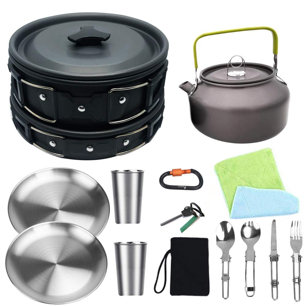 BisgearCamping Cookware 18/8 Plates Outdoor Stove Kettle Pot Pan Mess Kit Stainless Steel Cup Utensil Backpacking Gear Bug Out Bag Cooking Picnic Cookset for 2 Person