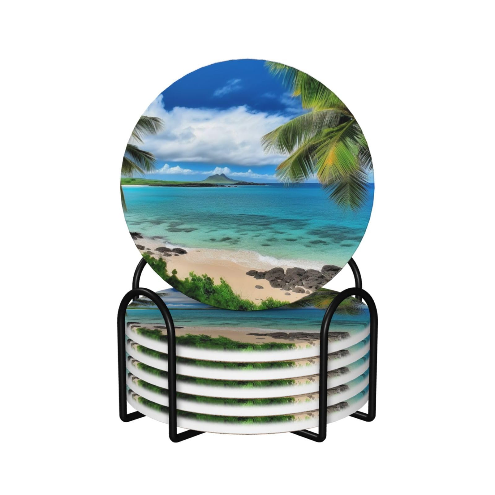 Dessous de verre céramique palmier exotique x6 avec support pour table