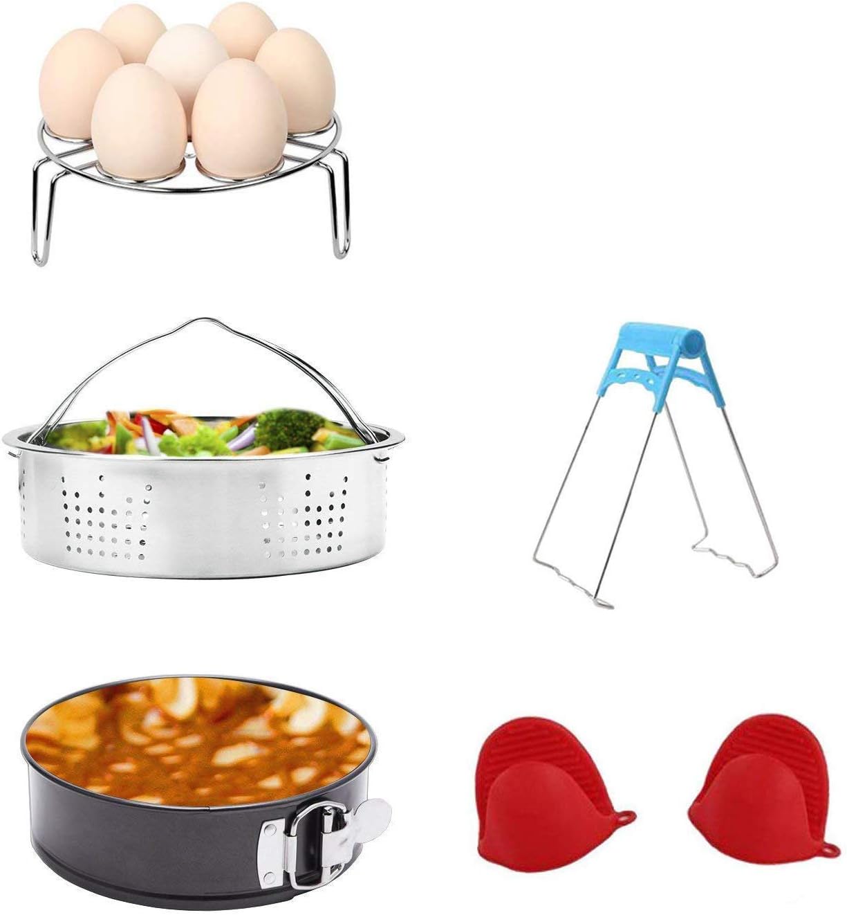 Accessories Set for Pressure Cooker with Steamer Basket, Egg Steamer Rack, Non-stick Springform Pan, Steaming Stand, 1 Pair Silicone Cooking Pot Mitts 5 Piece