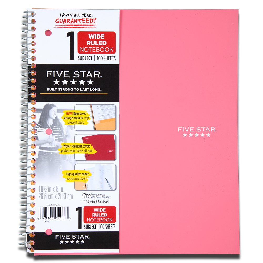 Five Star Wirebound Notebook, 1-Subject, 100 Wide-Ruled Sheets, 10.5 x 8 Inch Sheet Size, Pink (72013)