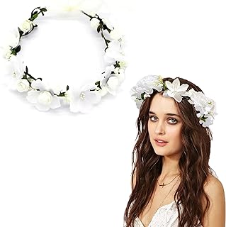 Qiansail ブライダルフラワー ガーランド フラークラウン フローラルリース ヘッドバンド 調節可能 ウェディング フラワーガール ヘッドピース レディース ガールズ (ホワイト、ワンサイズ)